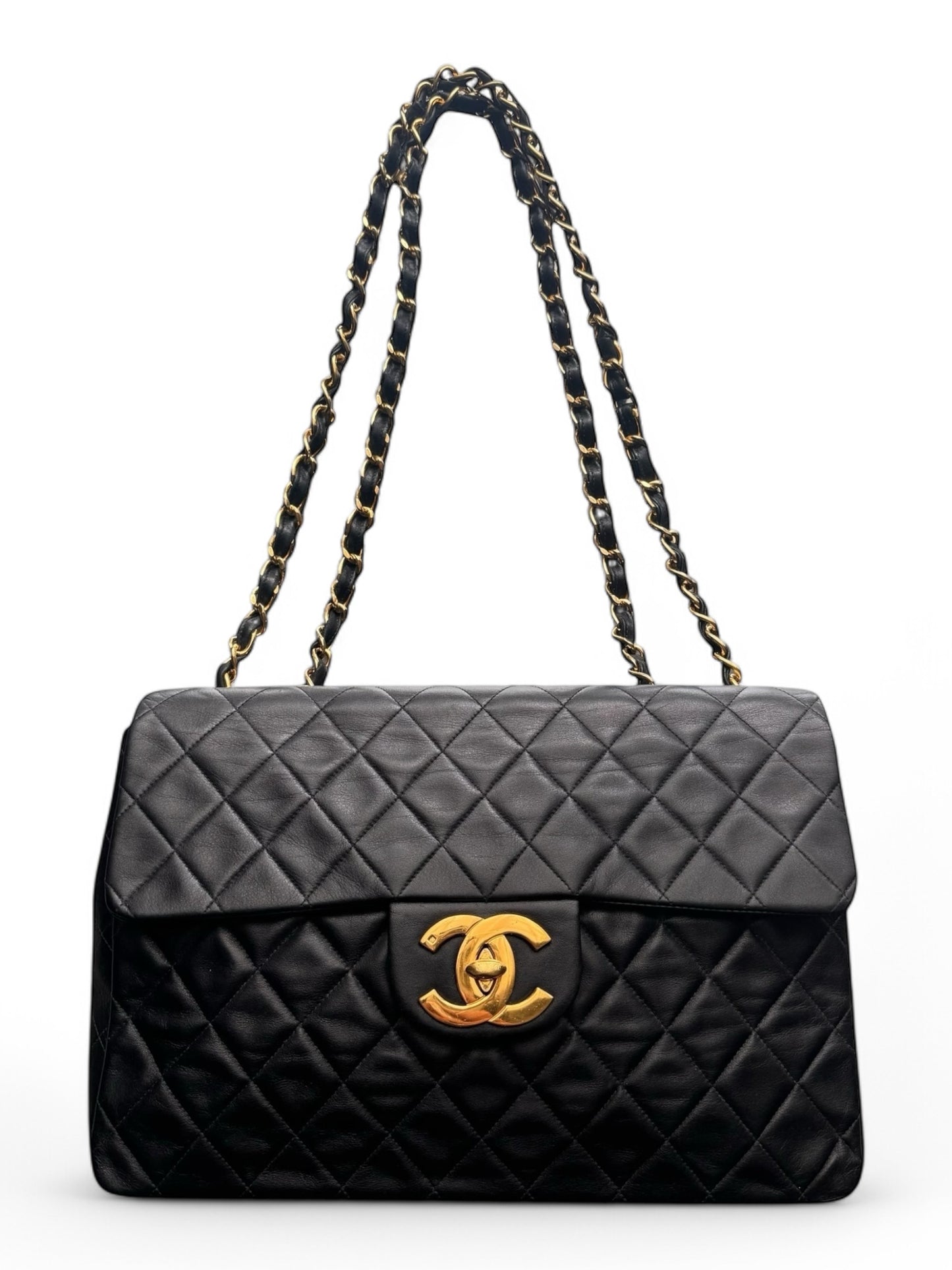 90s Chanel Black Lambskin Leather Maxi with 24k GHW