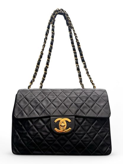90s Chanel Black Lambskin Leather Maxi with 24k GHW