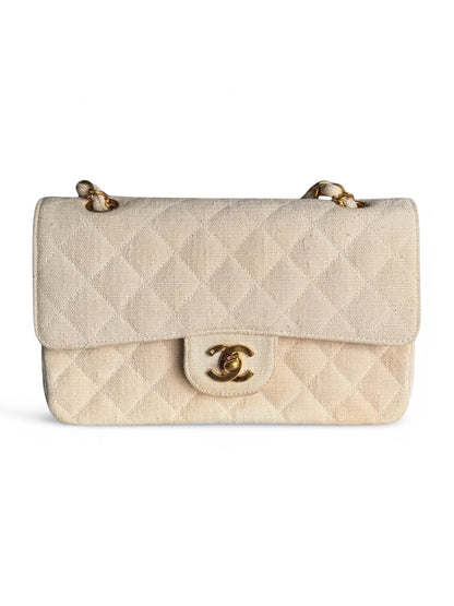 2000s Chanel Beige Jersey Small Double Flap Shoulder Bag with 24k GHW