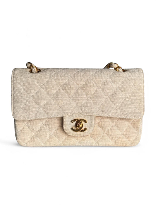2000s Chanel Beige Jersey Small Double Flap Shoulder Bag with 24k GHW