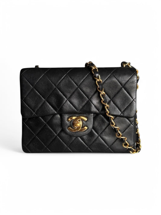 90s Chanel Black Lambskin Mini Square Bag with 24K GHW