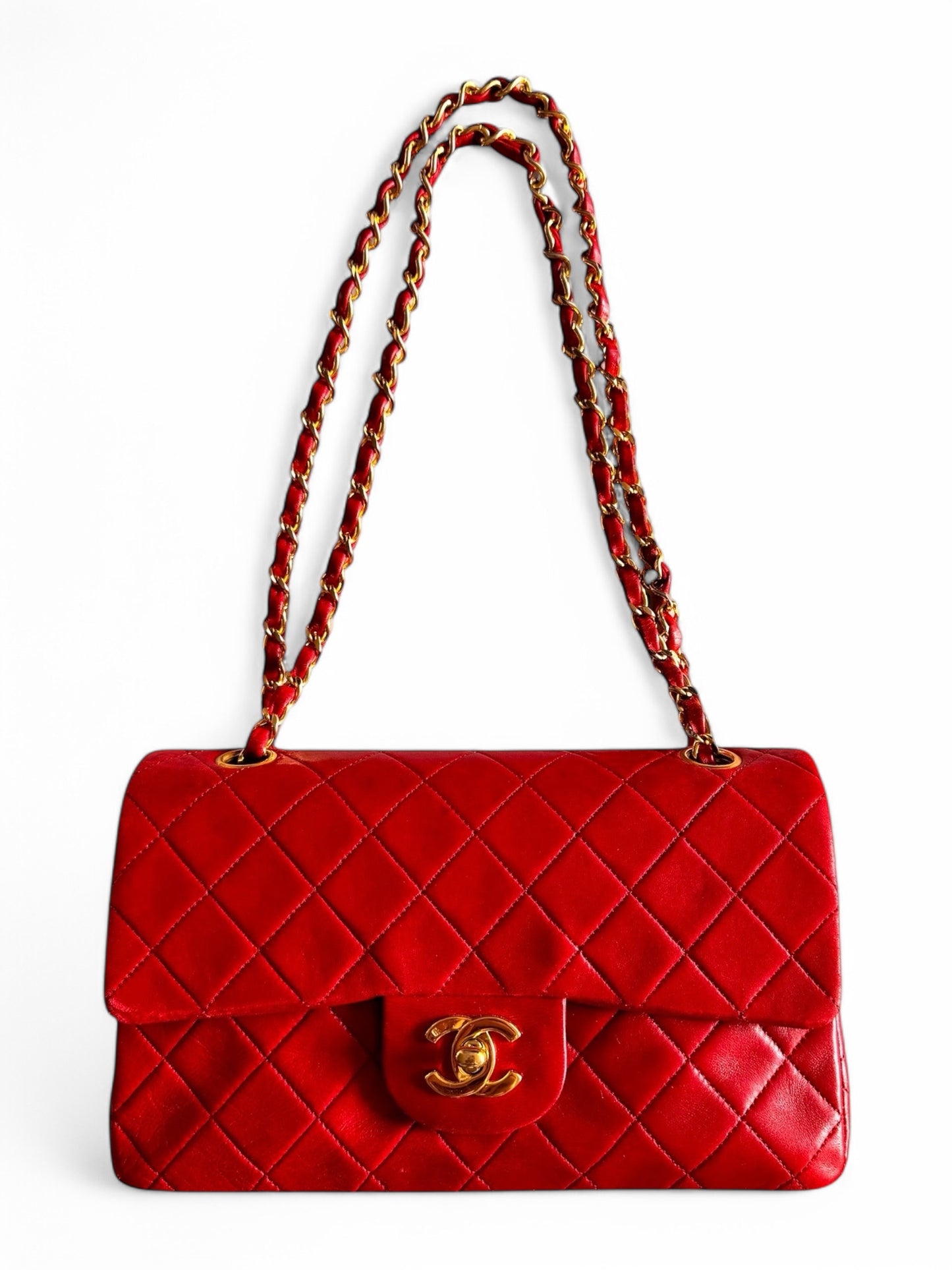 90s Chanel Red Lambskin Small Double Flap Shoulder Bag with 24k GHW