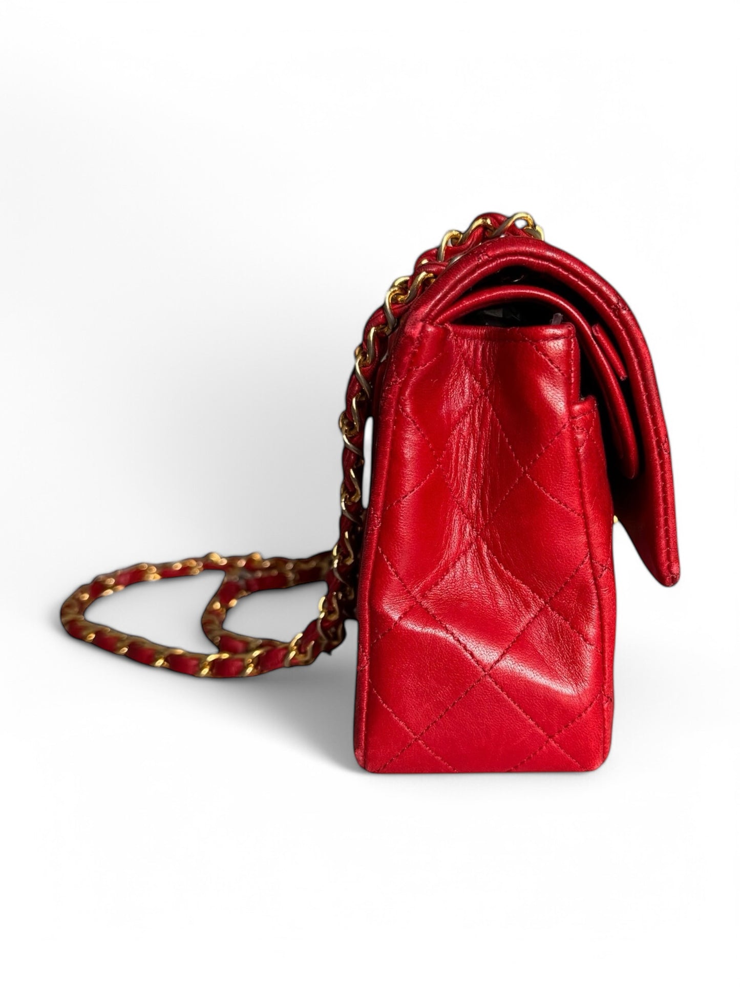 90s Chanel Red Lambskin Small Double Flap Shoulder Bag with 24k GHW