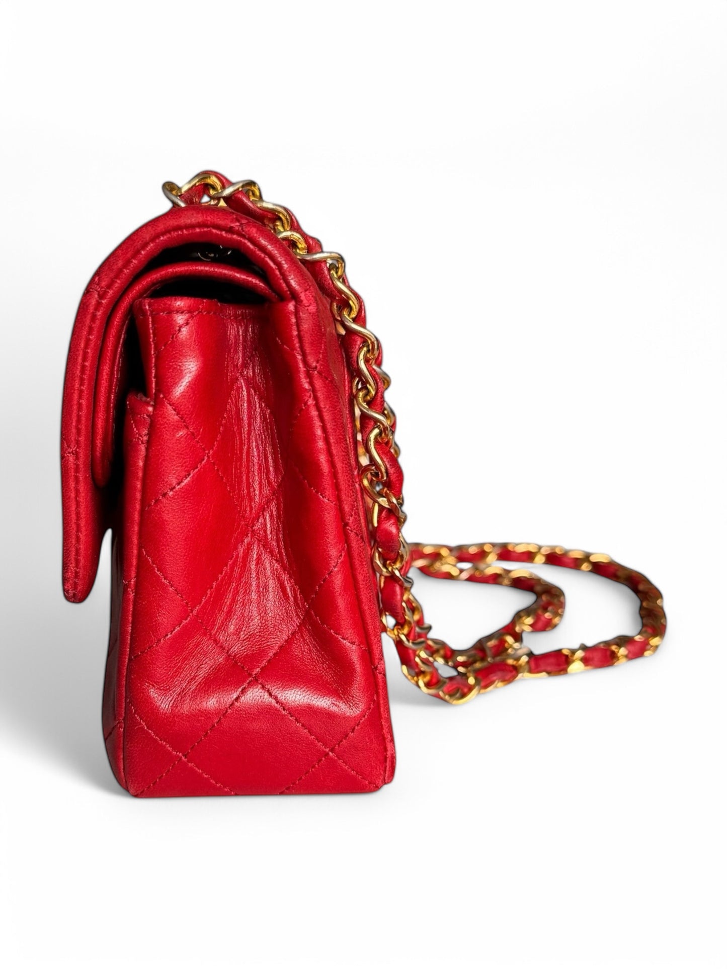 90s Chanel Red Lambskin Small Double Flap Shoulder Bag with 24k GHW