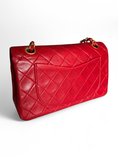 90s Chanel Red Lambskin Small Double Flap Shoulder Bag with 24k GHW