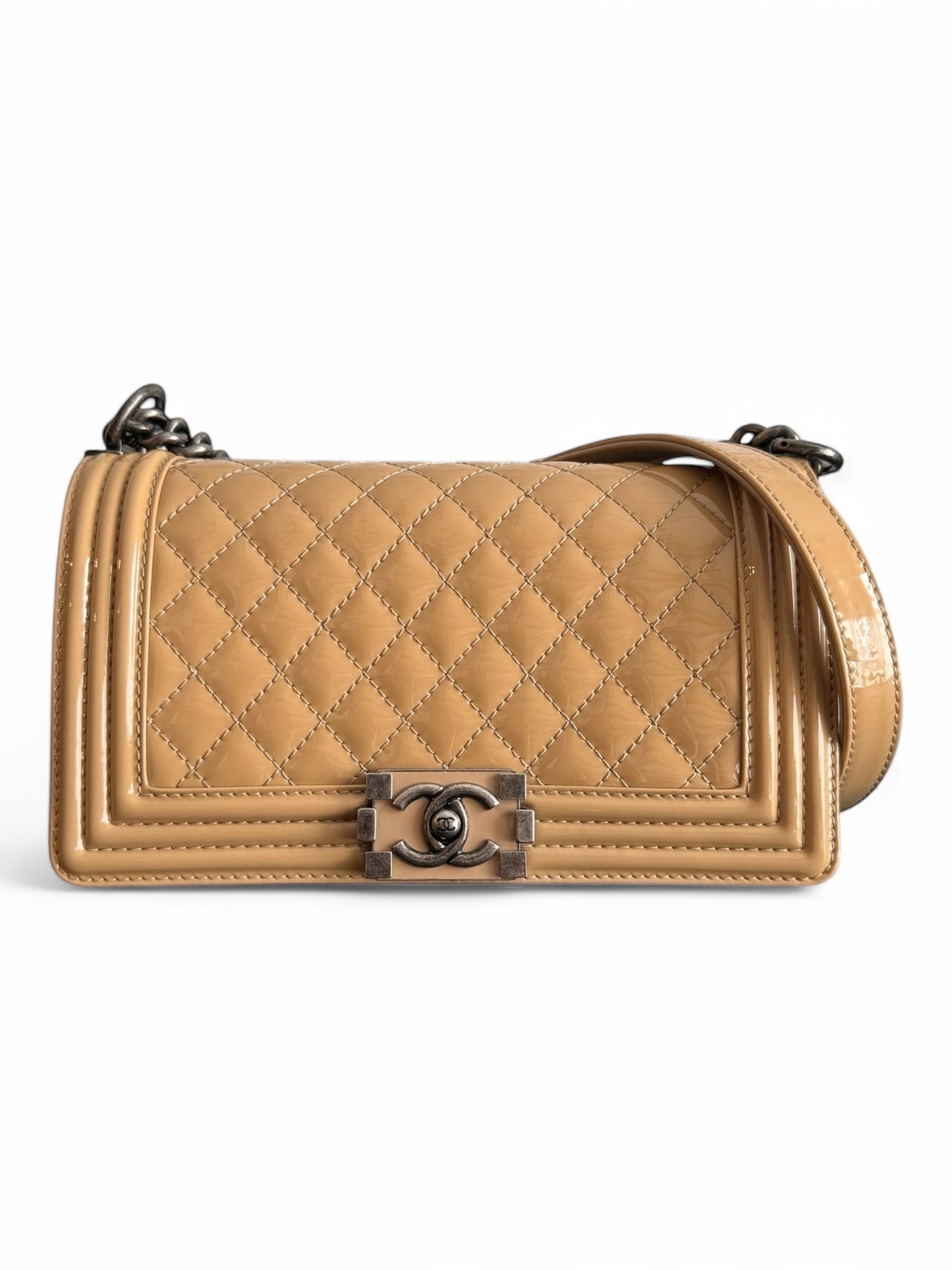 Beige Patent Leather Chanel Medium Boy Bag
