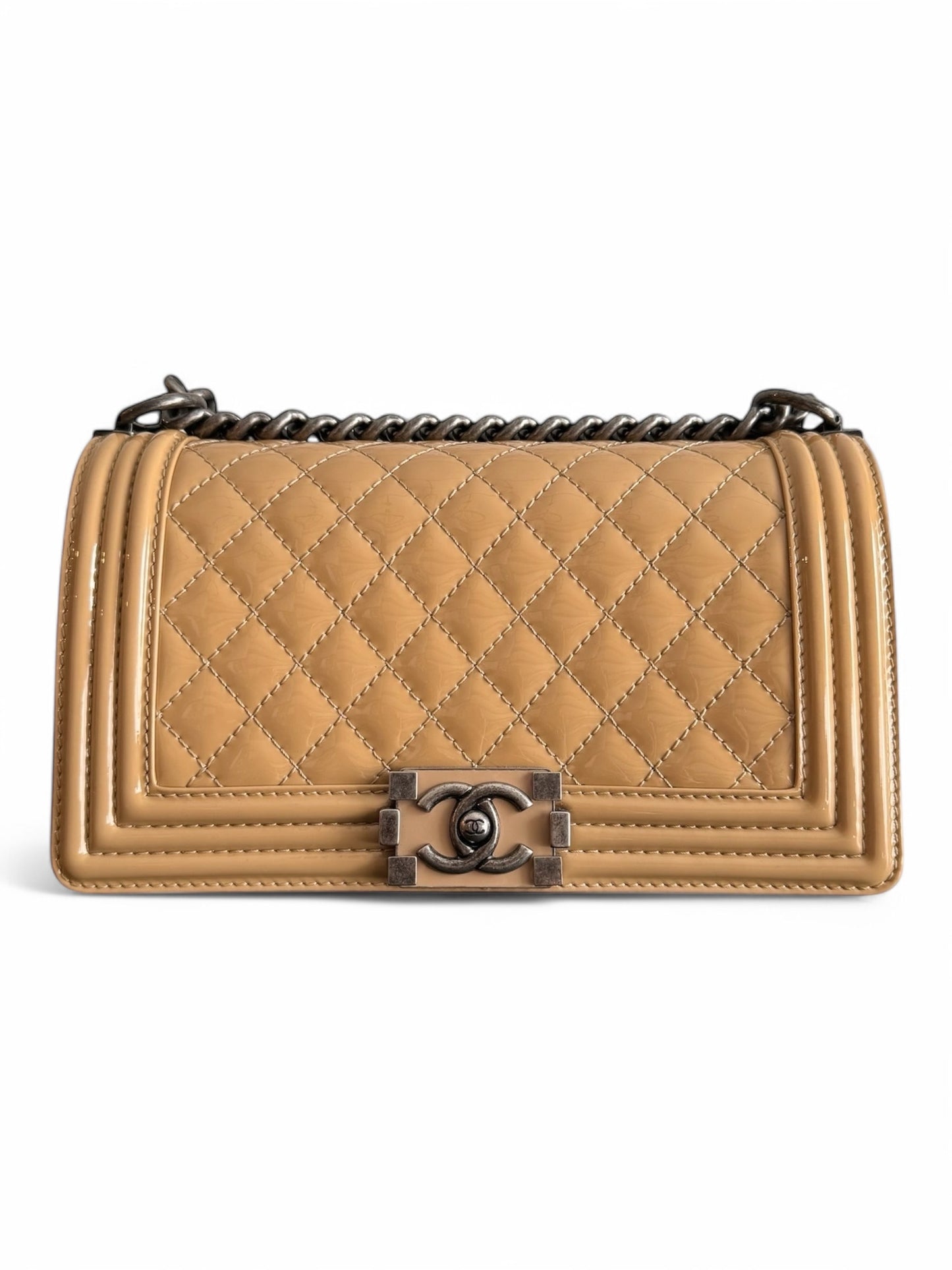 Beige Patent Leather Chanel Medium Boy Bag