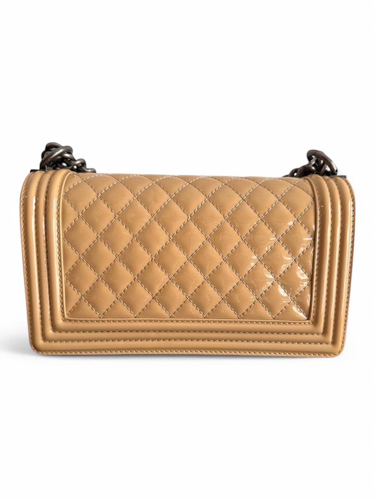 Beige Patent Leather Chanel Medium Boy Bag