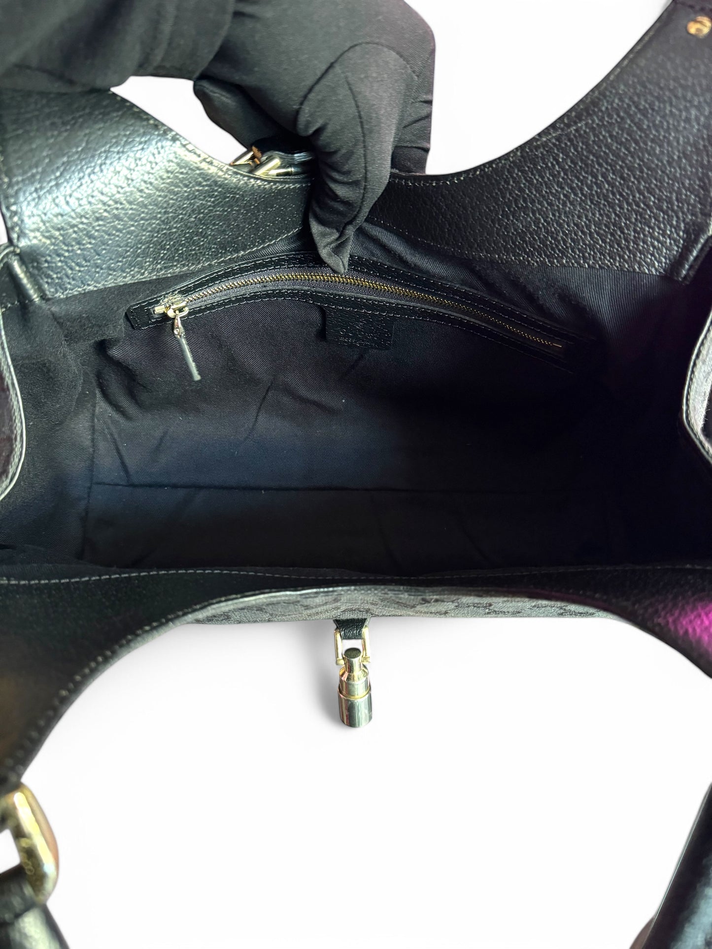 Vintage Gucci Black Leather & Monogram Piston Clasp Closure Jackie Bag