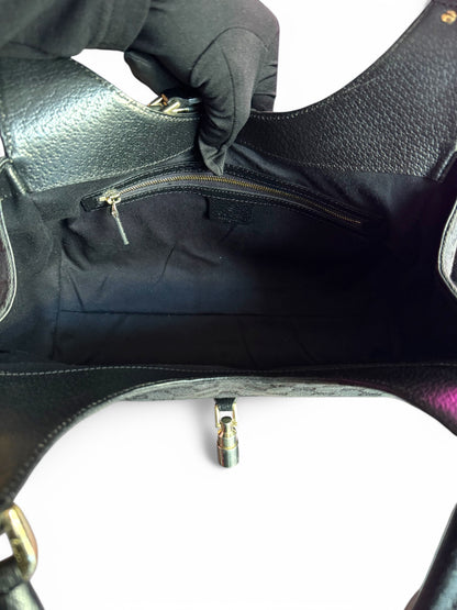 Vintage Gucci Black Leather & Monogram Piston Clasp Closure Jackie Bag